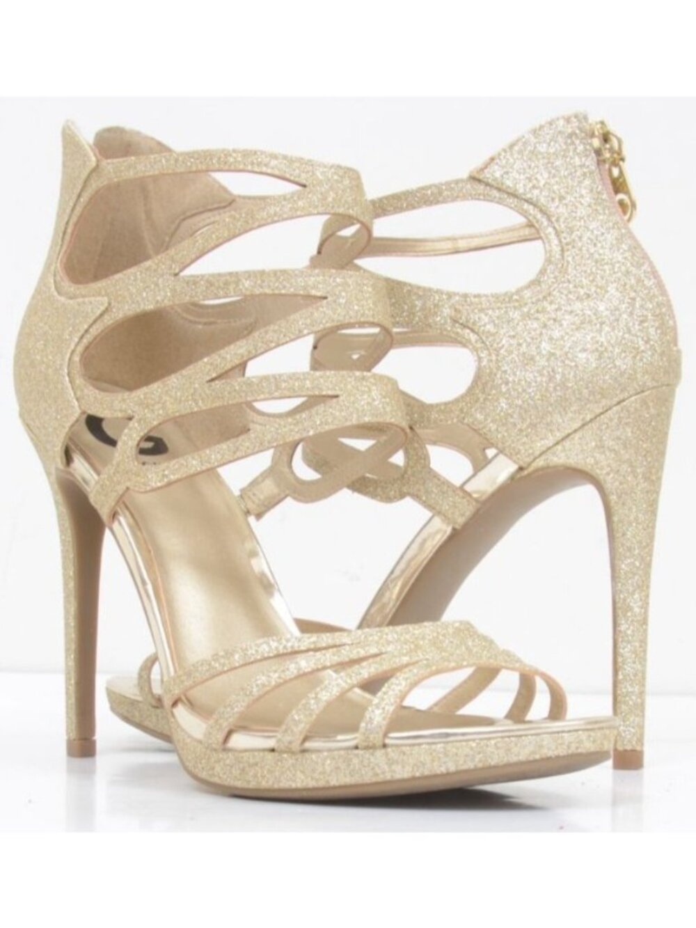 G by Guess Women's 7.5 Gold Glitter Sparkle Open Toe Stiletto Heel Formal Sandal